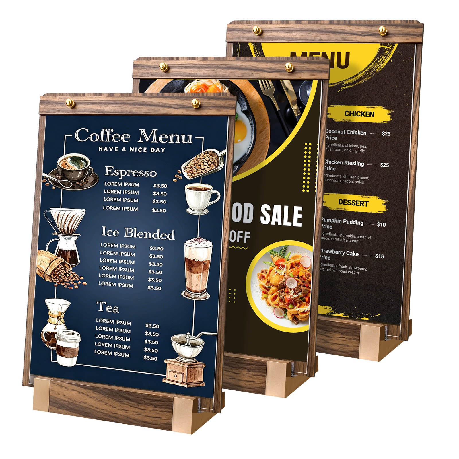 Qzwexaz Brown 3-Pack Vertical Acrylic Sign Holders, Tabletop Display Stand With Walnut Base And Non-Slip Rubber Strip, Signage Stand For A4 Paper, Menu, Poster, Flyer, Office, Coffee Shop, Wedding, Hotel