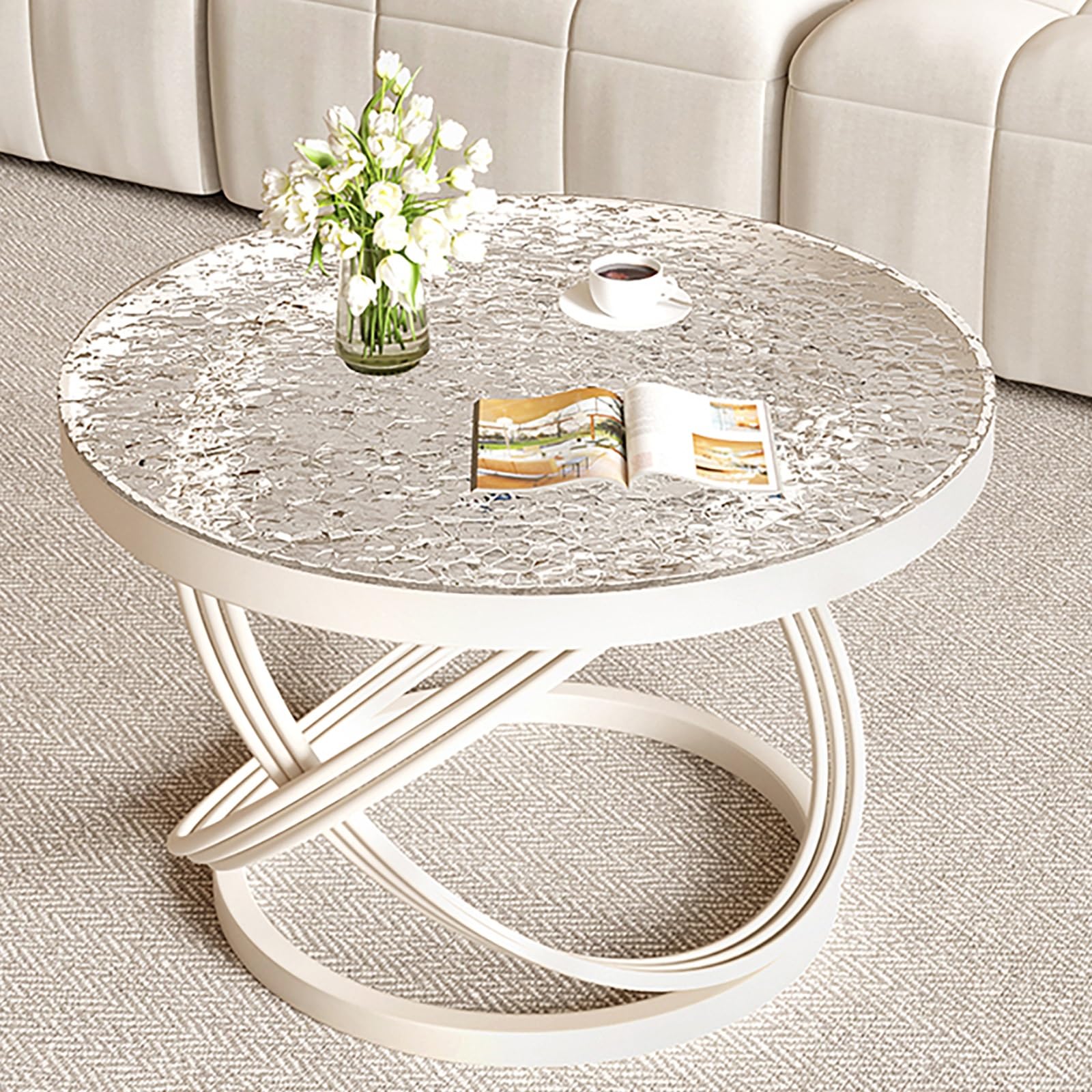 Table basse en verre trempé effet Ripple Cream et design métallique