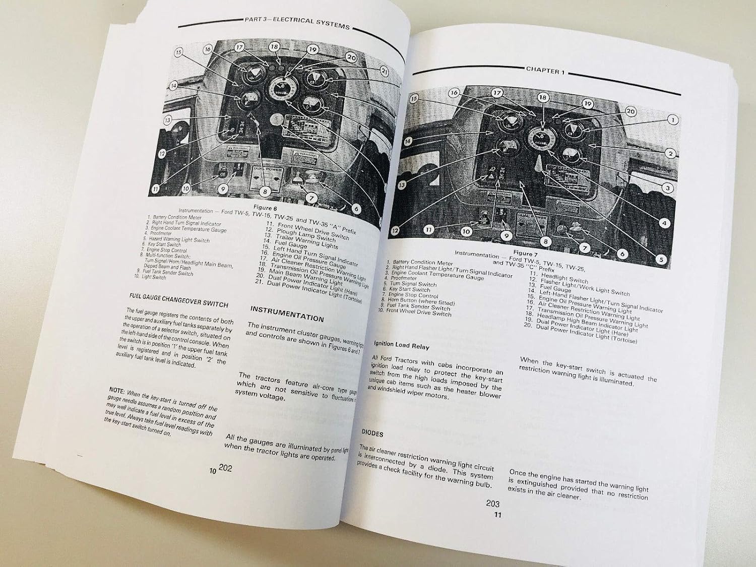 Diagrams of Ford tractor engine components and air cleaner system from the Engine Systems section.