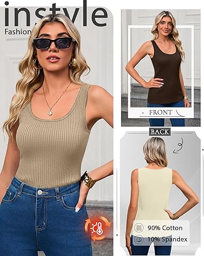 Miniatura 2 de Paquete de 3 camisetas térmicas sin mangas acanaladas para mujer, de forro polar de algodón, cuello redondo, ajustadas, capa base de camisola Marrón