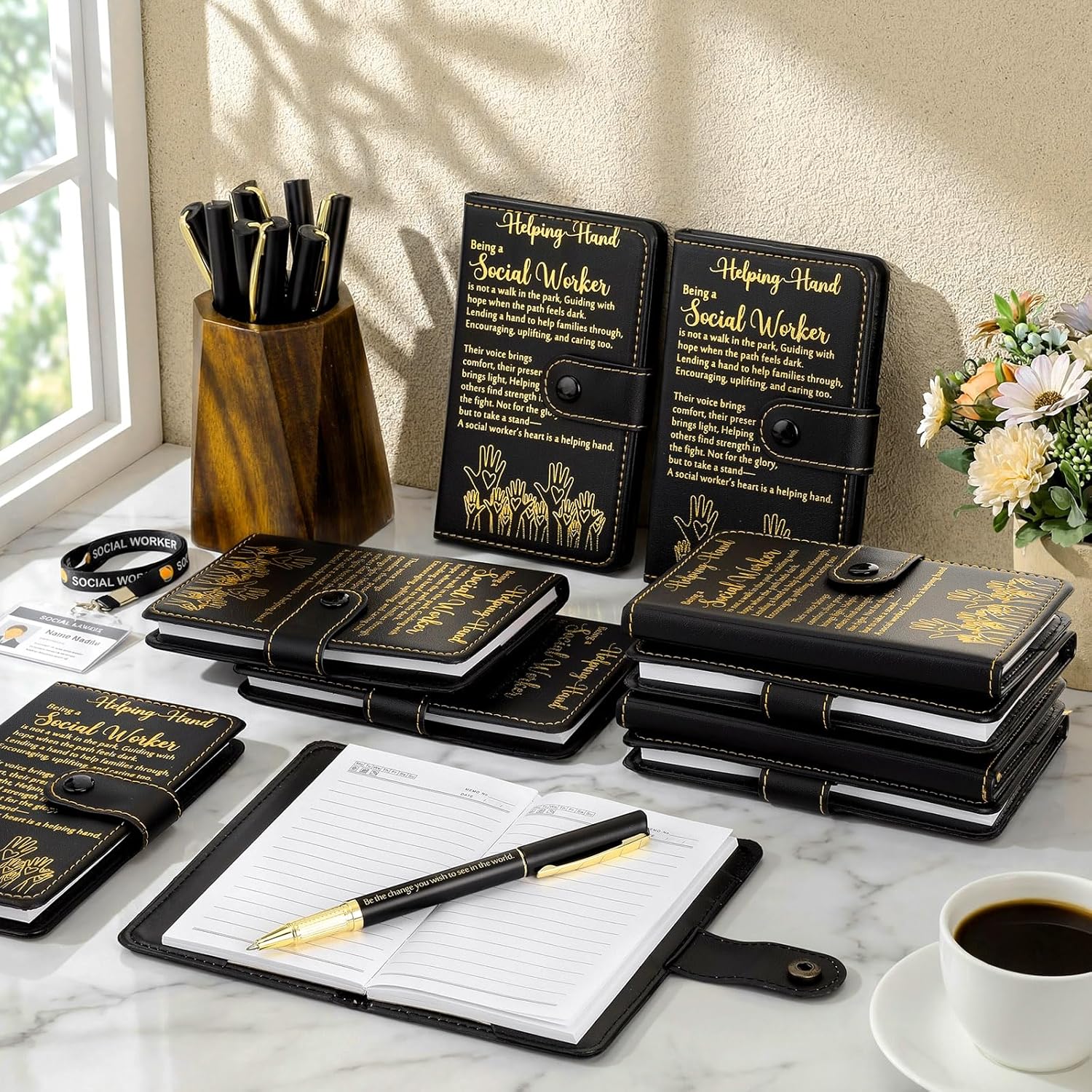 TaoBary 10 Sets Social Worker Appreciation Gift Social Worker Month Must Have Leather Notebook Ballpoint Pen with Inspirational Quotes Thank You Gifts for Women Coworker Teachers Office Bsw Msw (Black)