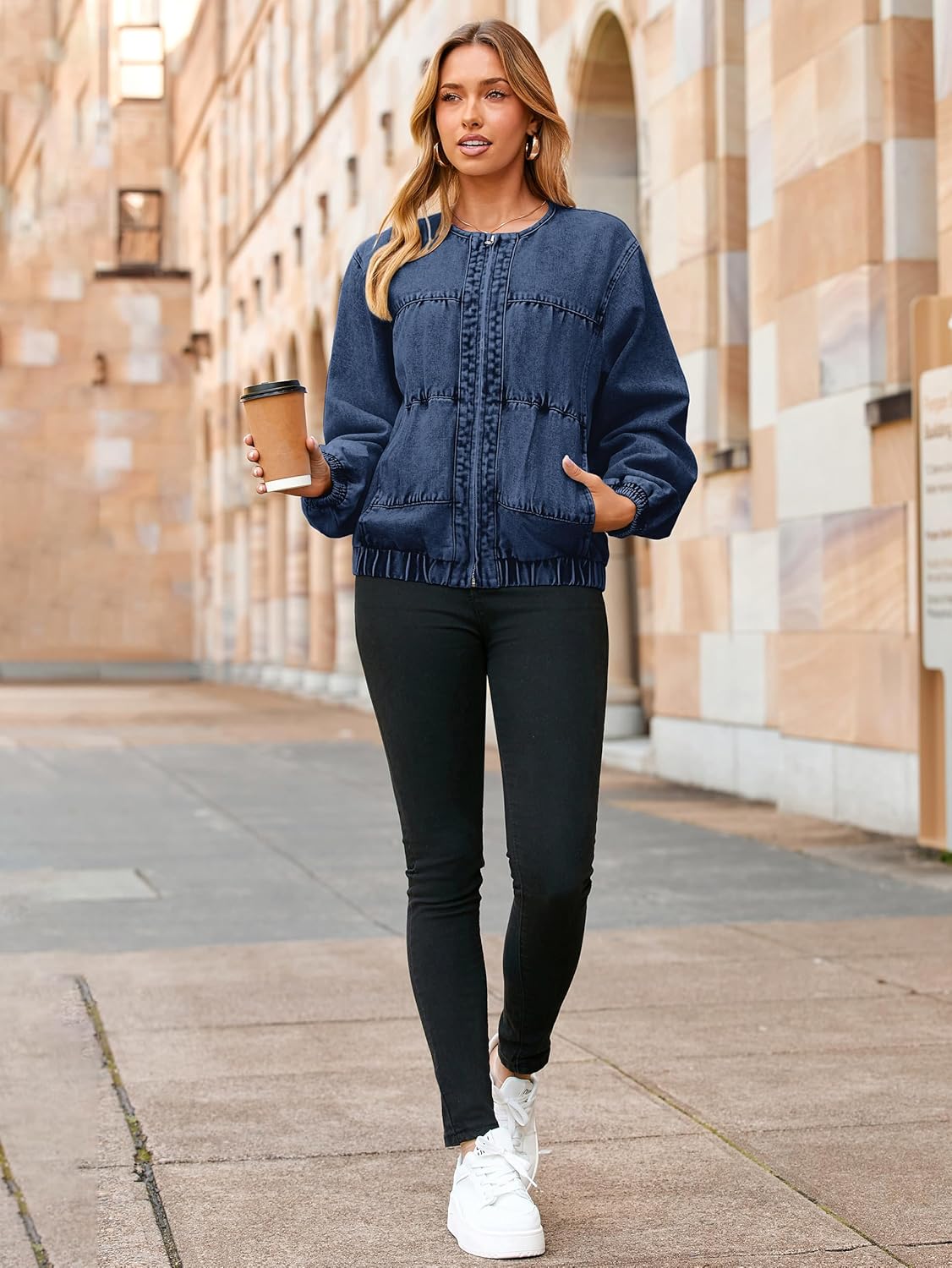 Glamaker Womens Denim Bomber Jacket Trendy Casual Zip Up Crew Neck Long Sleeve Loose Fit Jean Jacket Fall Outfits - Image 6