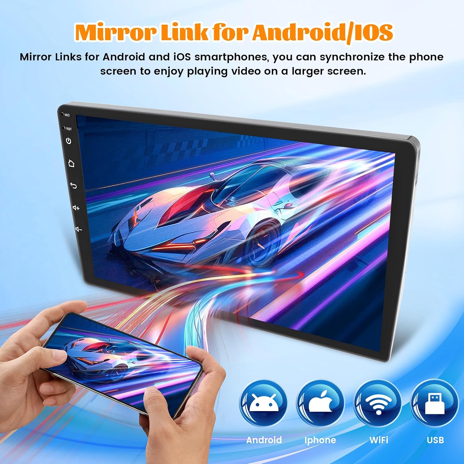 Image depicting the Mirror Link feature, showing a smartphone screen mirrored onto the car stereo display, with icons for Android, iPhone, WiFi, and USB connectivity.