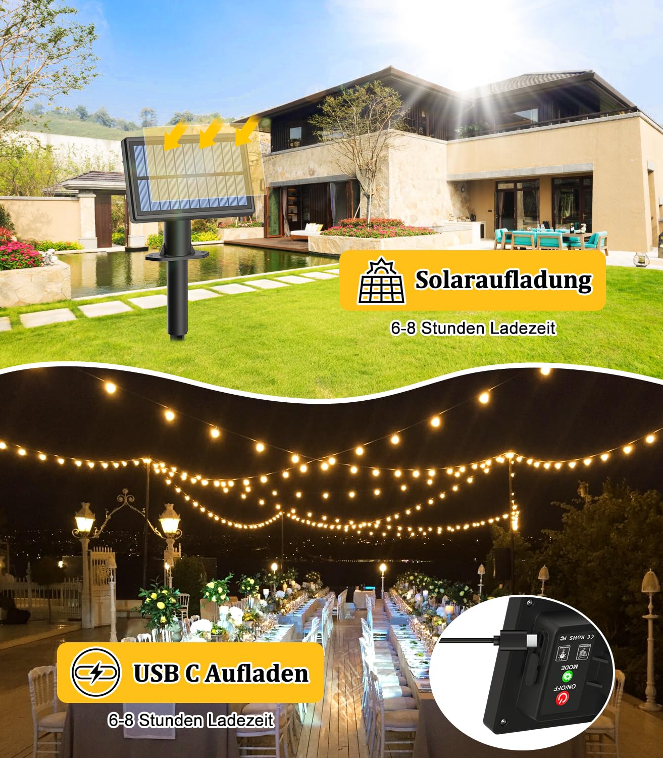 Solar Fernbedienung Lichterkette LED Aussen - 15M 50FT G40 LED Outdoor Solarlichterkette 3 Modi mit Wetterfest G40 Glühbirne IP44 Wasserdich Aussen Lichterketten für Balkon Garten Pavillon Terrasse