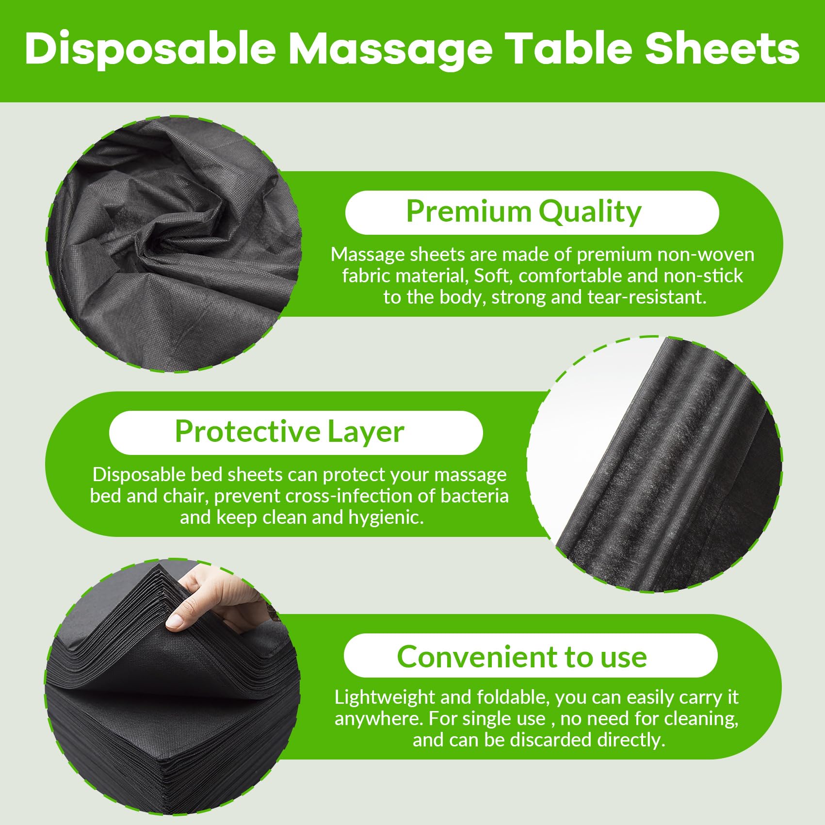 50 sábanas desechables grandes para mesa de masaje, 78.7 x 200.7 cm, color negro, transpirables, para salón de belleza, spa, cera de pestañas, tatuajes, tela suave no tejida