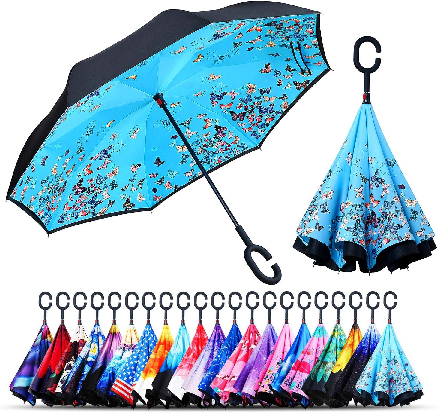owen kyne Windproof Double Layer Folding Inverted Umbrella, Self Stand Upside-down Rain Protection Car Reverse Umbrellas with C-shaped Handle