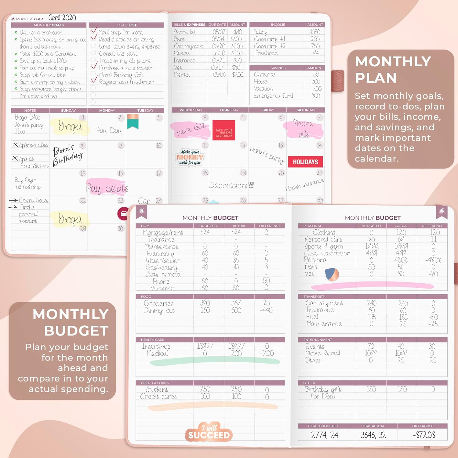 Clever Fox Budget Planner Premium Edition – Expense Tracker Notebook + 5 Cash Envelopes, Budget Planner Organizer; Budget Book & Journal to Control Your Money, Undated; A5 Hardcover – Rose Gold