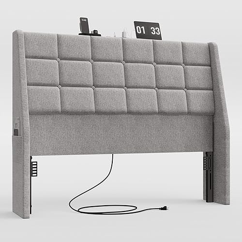 Miniatura 8 de ONBRILL Cabecero tapizado ergonómico de tamaño completo con estación de carga, cabeceros con respaldo de ala de lino con bolsillo de almacenamiento