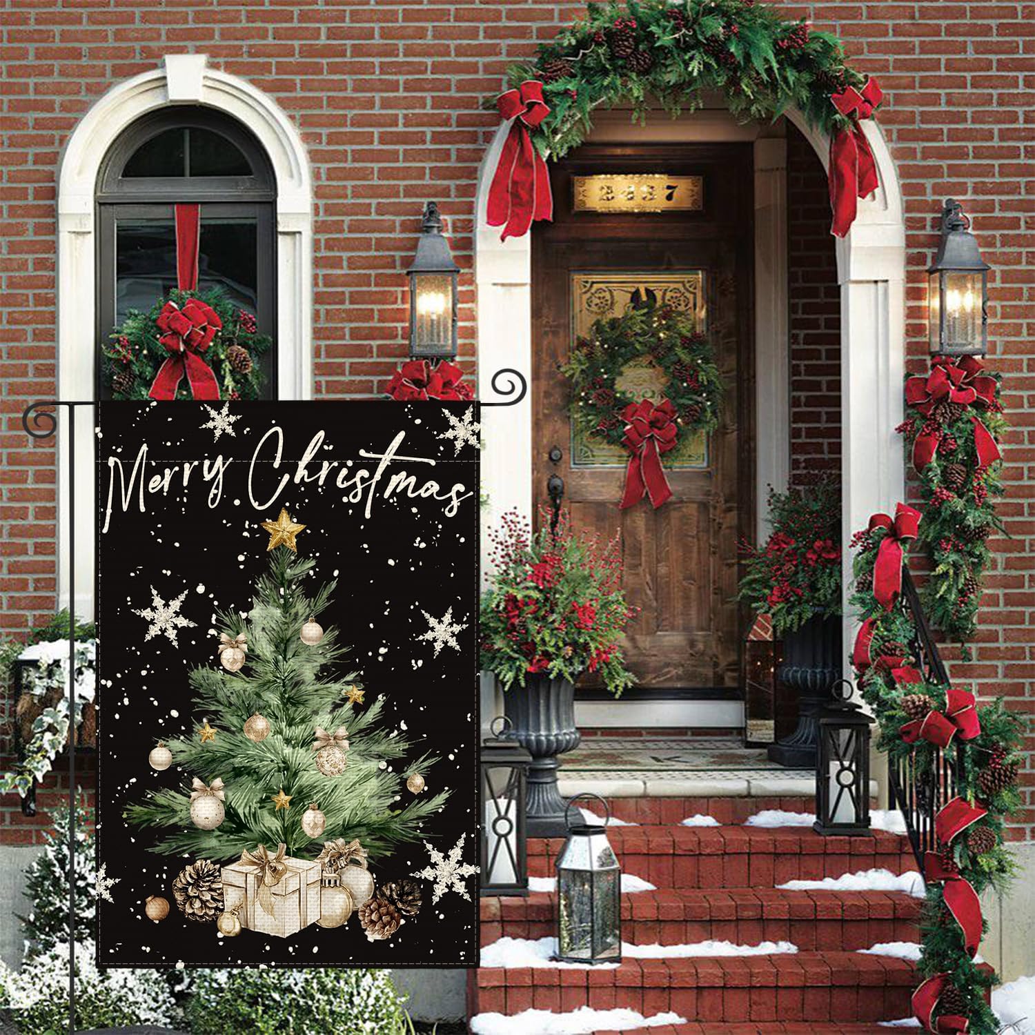 AVOIN colorlife Snowflake Merry Christmas Garden Flag 12x18 Inch Double Sided Outside, Winter Holiday Christmas Tree Yard Outdoor Flag Black - Image 2