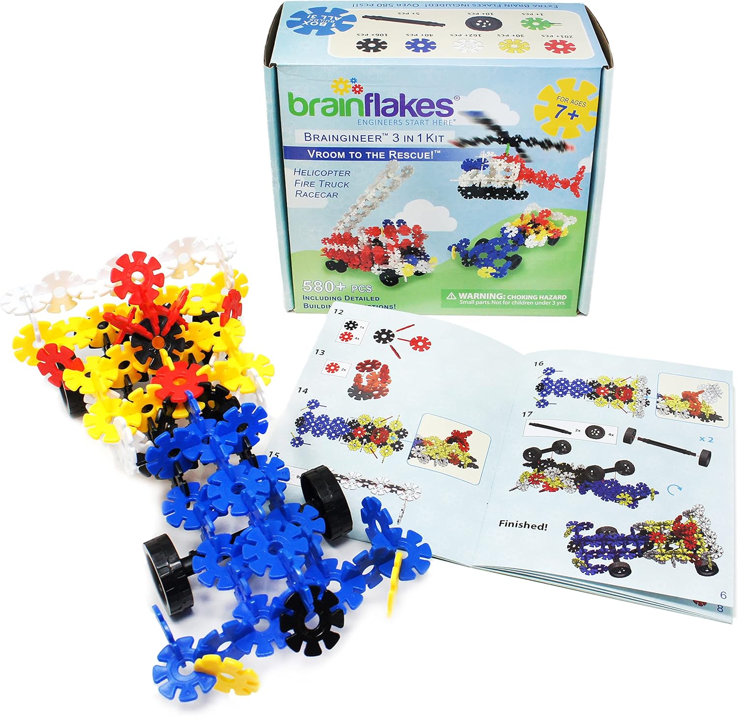 Brain Flakes 3-in-1 Building Kit with Detailed Step by Step Instructions - 580 Pieces to Build All 3 Vehicles - Wheel Pieces and Special Parts are Included - Ages 7 and Up