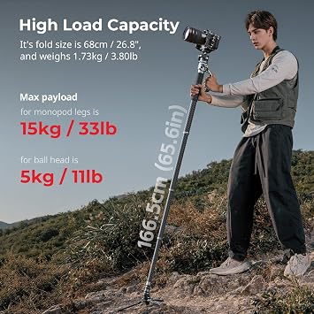SmallRig 166.5cm / 65.6 Carbon Fiber Monopod for Camera, Compact Camera Monopod with One-Touch Height Adjustment, Max. 5kg Playload Ball Head, Storage Size of 68cm / 26.8, Weighs 1.72kg / 3.8lb