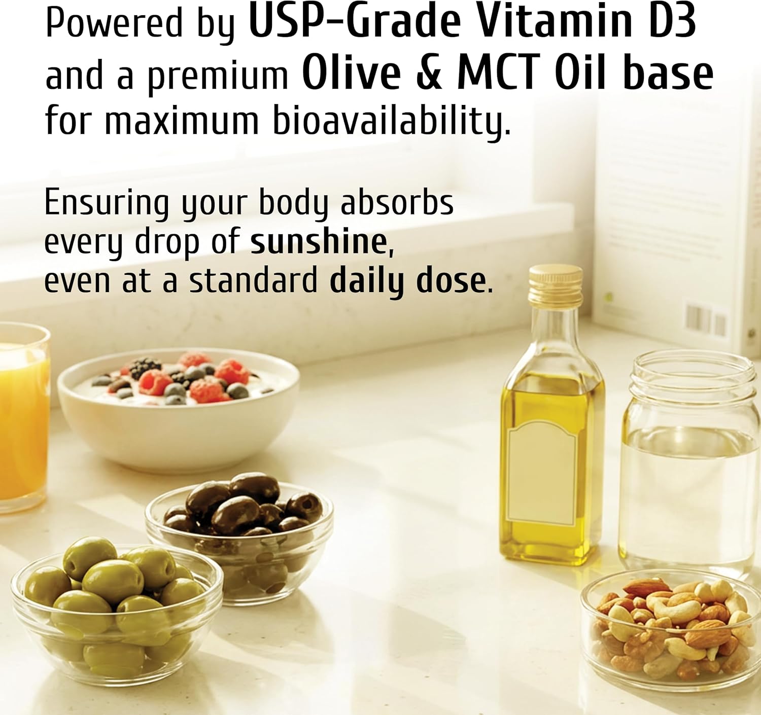 Vitamin D3 5000 IU (125 mcg) with USP-Grade Provitas® Vitamin D3, Dual Olive & MCT Oil for Enhanced Absorption, Bone, Muscle & Immune Support, Non-GMO, 360-Day Supply