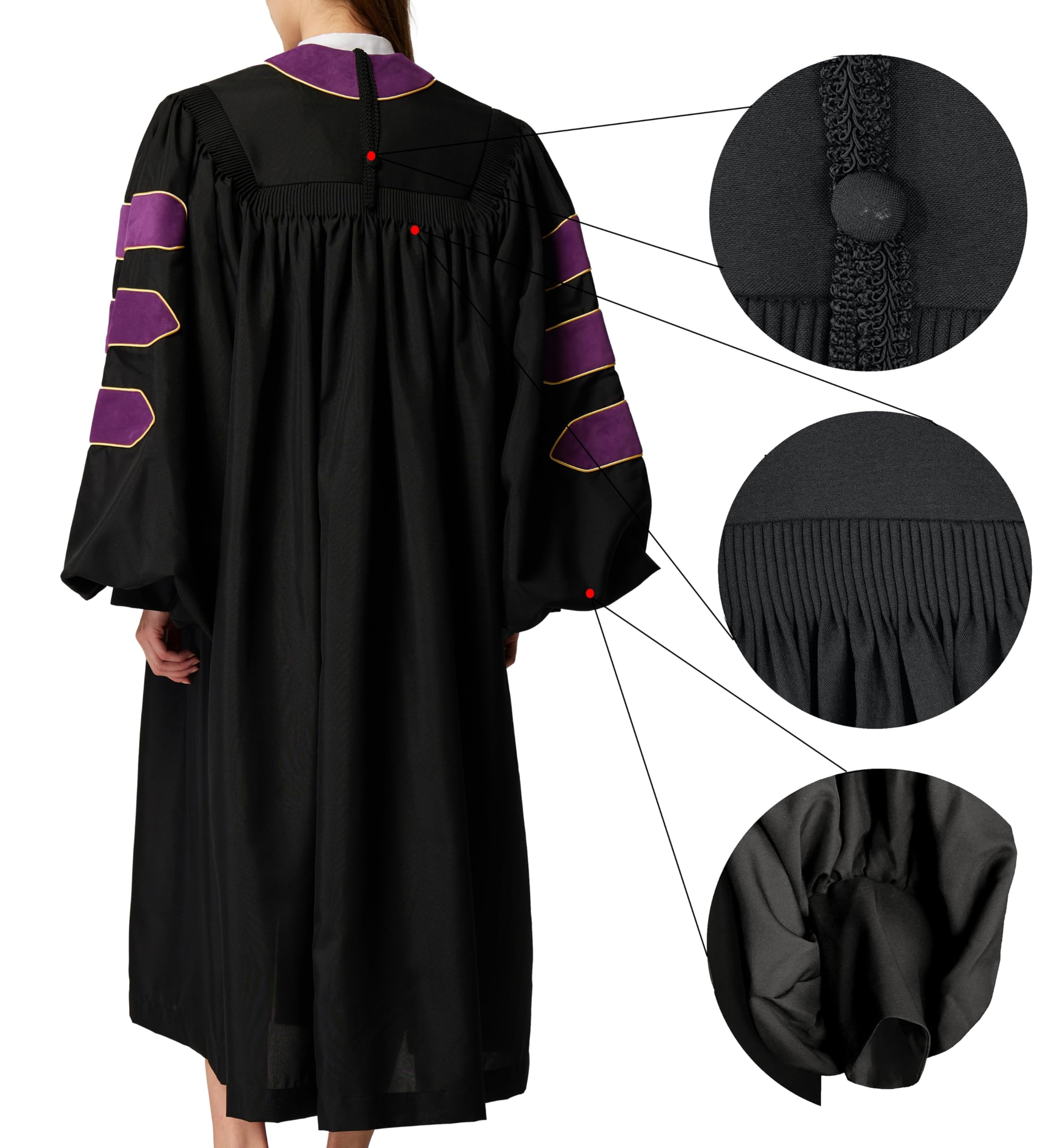 Vestido de graduación de doctorado unisex de lujo y paquete de 8 lados con ribetes dorados