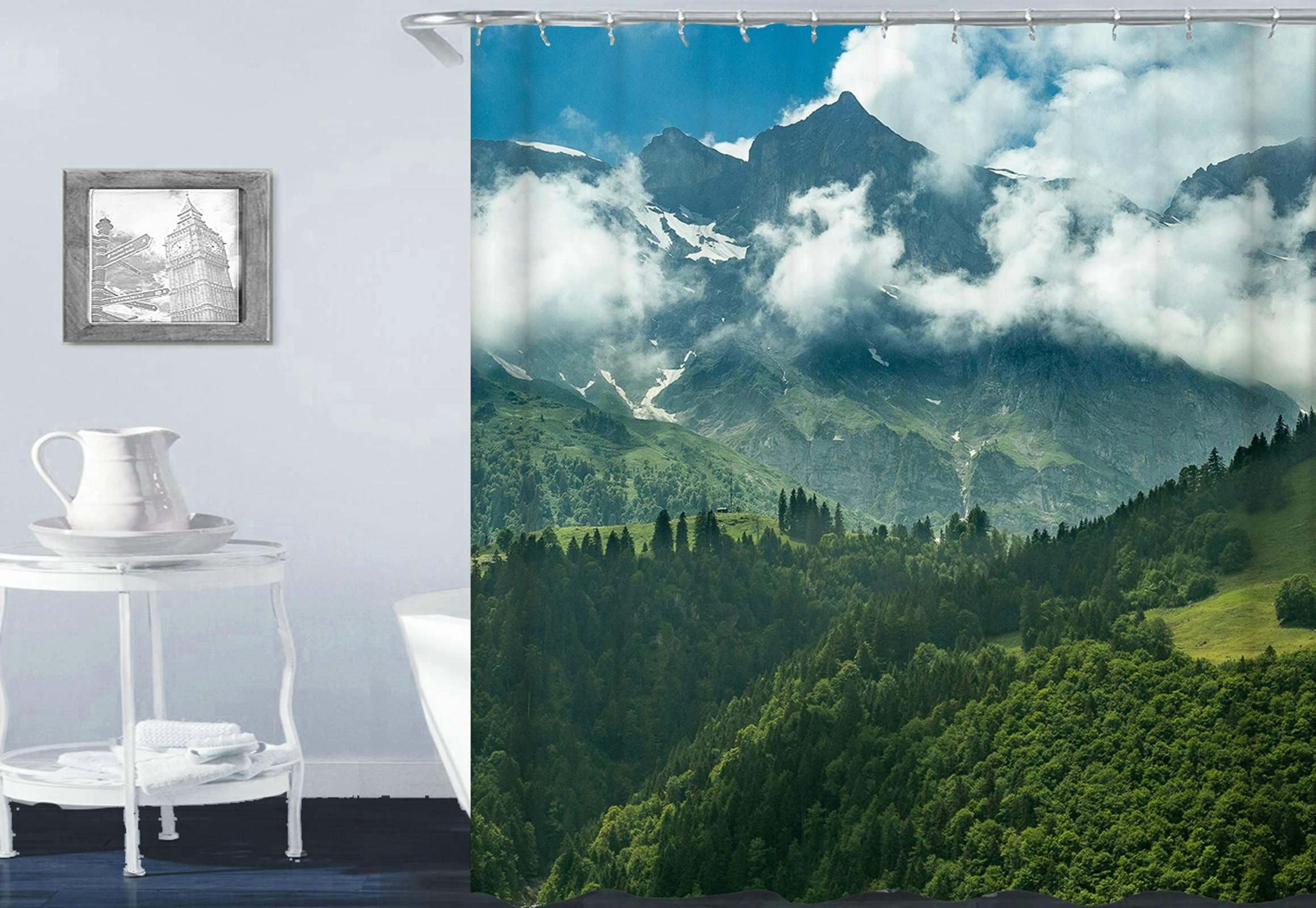 Rideau de douche vert 165x180cm en polyester imperméable avec anneaux inclus