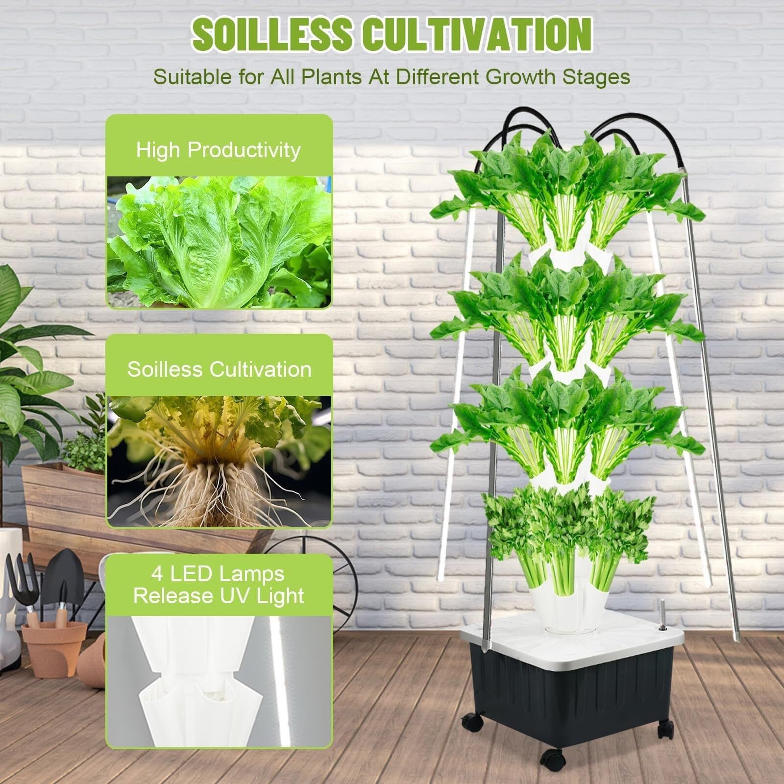 Torre de cultivo hidropónica, maceta vertical con luces de cultivo, capacidad de 40 plantas, jardín interior de 8 niveles, temporizador inteligente, ruedas móviles para hierbas y verduras