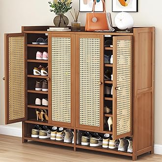 8 Tier Bamboo Shoe Storage Cabinet with Doors, 39-41 Pairs Shoe Rack for Closet, Freestanding Bamboo Shoe Rack Organizer with Shelves for Hallway Living Room (Brown)