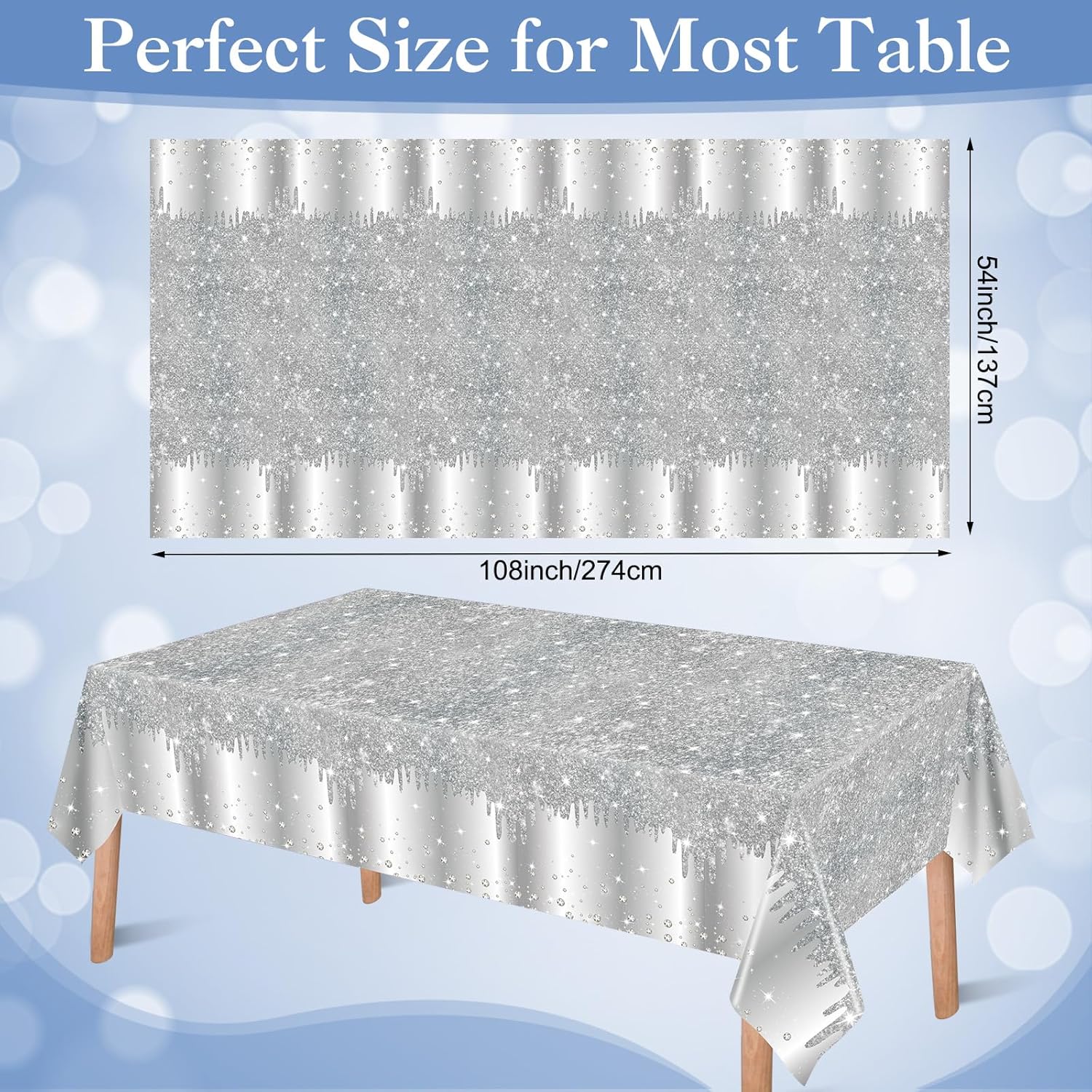 VitalCozy 12 Pack Tablecloth Glitter Diamond Plastic Table Cover Sequin Printed Tablecloth Party Decorations for Halloween Birthday Wedding Anniversary Party Supplies, 54x108 Inch(Silver)