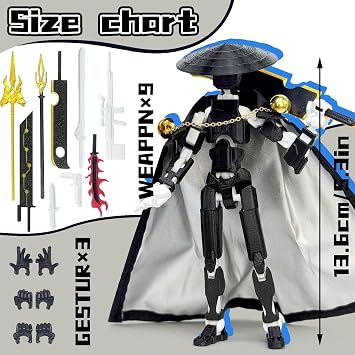 Robo 13 3D Printed Action Figure, Assembled Lucky Figure Toy | Poseability Dummy Figure with Cloak and Weapon, No Assembly Required, Upgraded Joint Design, Heavy Play, Black, White