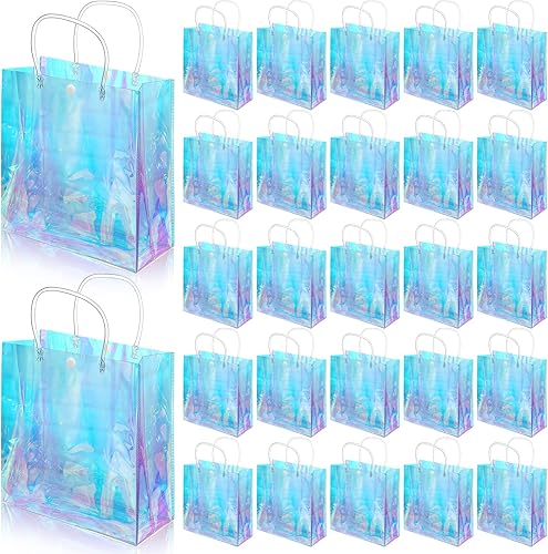 Sherr 25 bolsas de regalo pequeñas holográficas transparentes iridiscentes reutilizables de plástico de PVC para compras, bodas, cumpleaños, baby