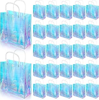 Sherr 25 Pcs Clear Holographic Small Gift Bag Iridescent Reusable PVC Plastic Gift Wrap Tote Bag for Shopping Wedding Birthday Baby Shower Party Favor, 7.87