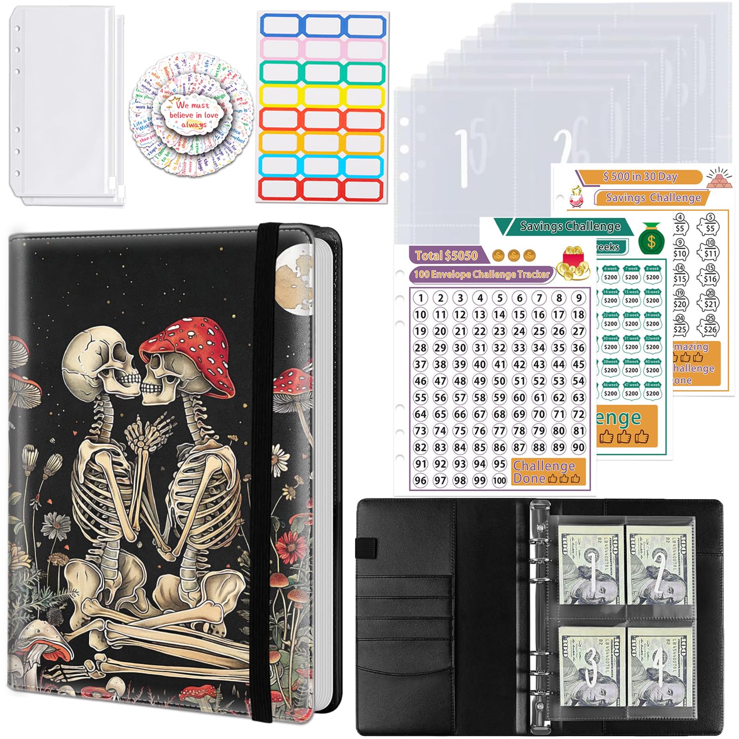100 Envelopes Money Saving Challenge, A5 Budget Binder with Cash Envelopes & 3 Budgeting Planner Trackers to Save $5,050 Money ，Savings Challenge Book