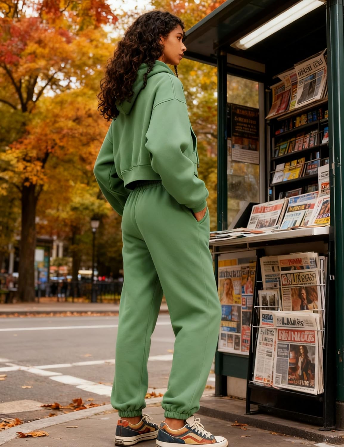 Womens Fleece 2 Piece Outfits Sweatsuit Crop Hooded Pullover Sweatshirt Top Jogger Sweatpants Tracksuits Set (Green02-X-Large)