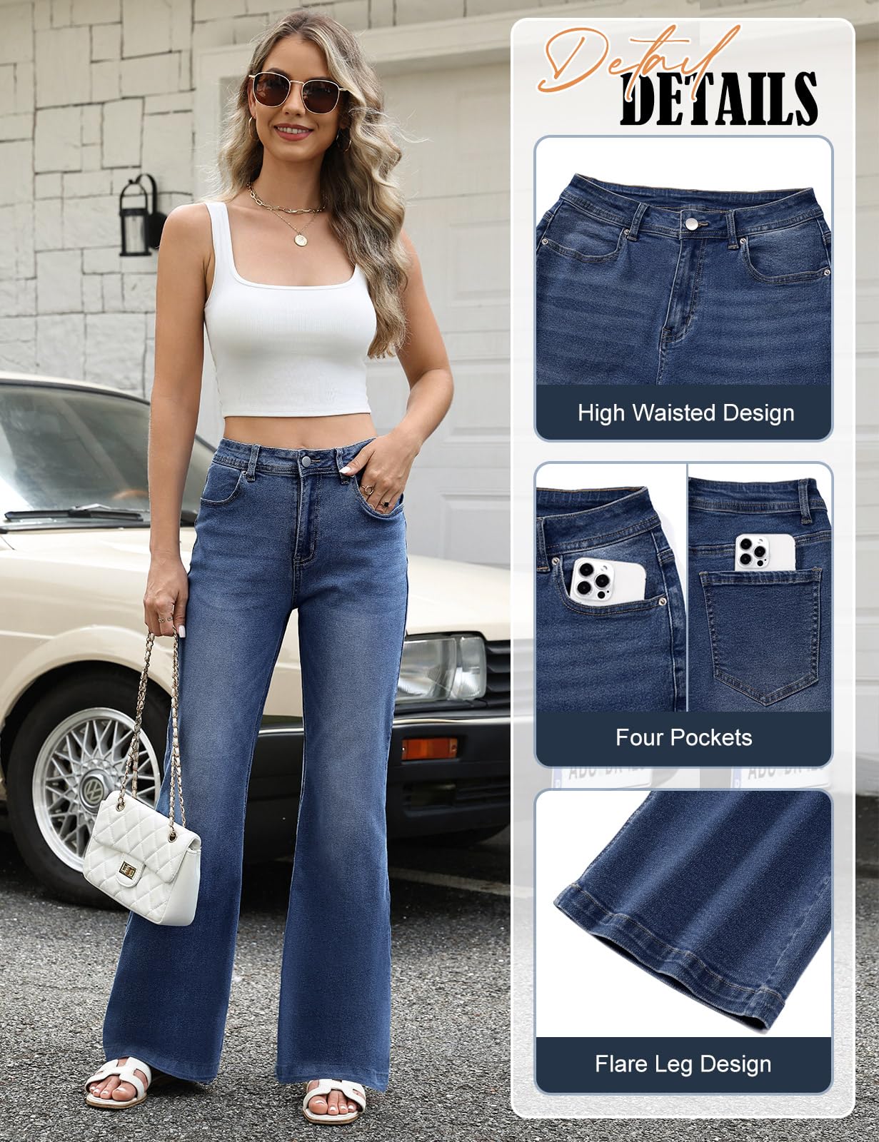 Vaqueros Mujer Elásticos Pantalones de Campana Cintura Alta Jeans Flare Pantalones Bootcut Vaqueros Slim Fit Retro Tallas Grandes con Bolsillos