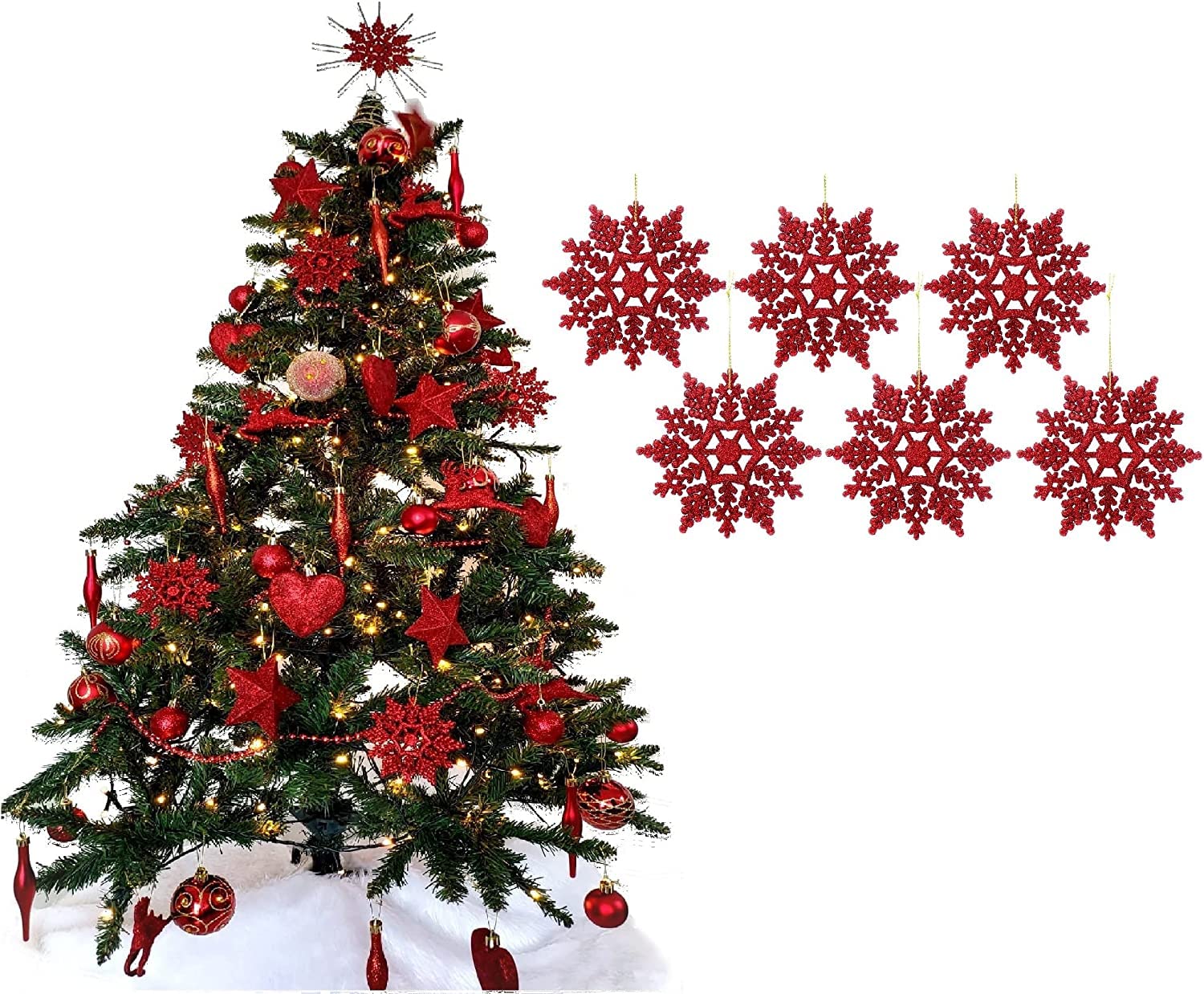 UKDeals Direct® RED COLLECTION CHRISTMAS DROPLET BAUBLES TREE DECORATIONS GLITTER MATT ICICLES (Pack of 6 Snowflake)