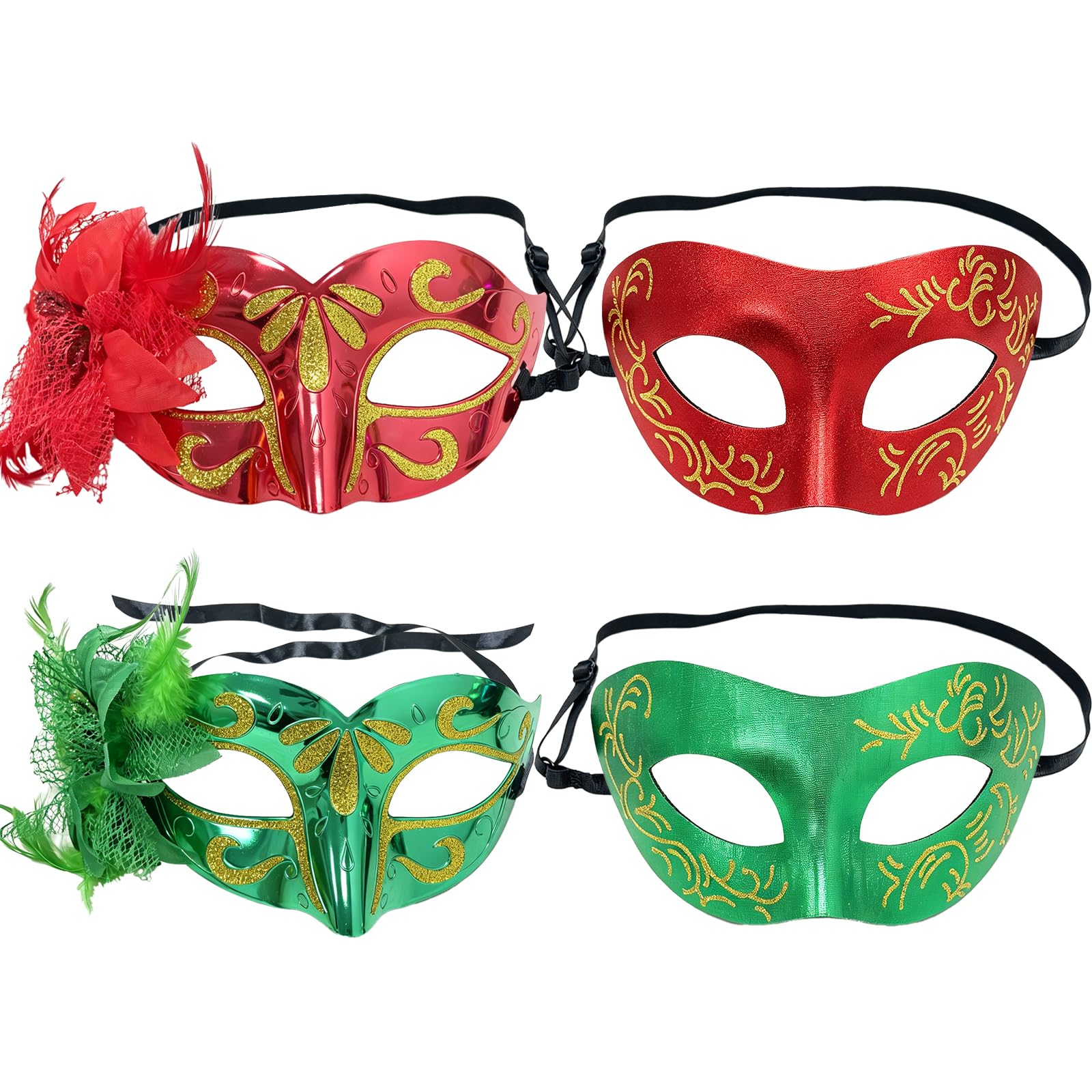 VEINARDYL 4 pcs Couple's Masquerade Masks, Men Women's Venetian Mask Lace Painted Mask with Floral Design for Ball Party Masquerade Sexy Eye-mask Costume - Red and Green