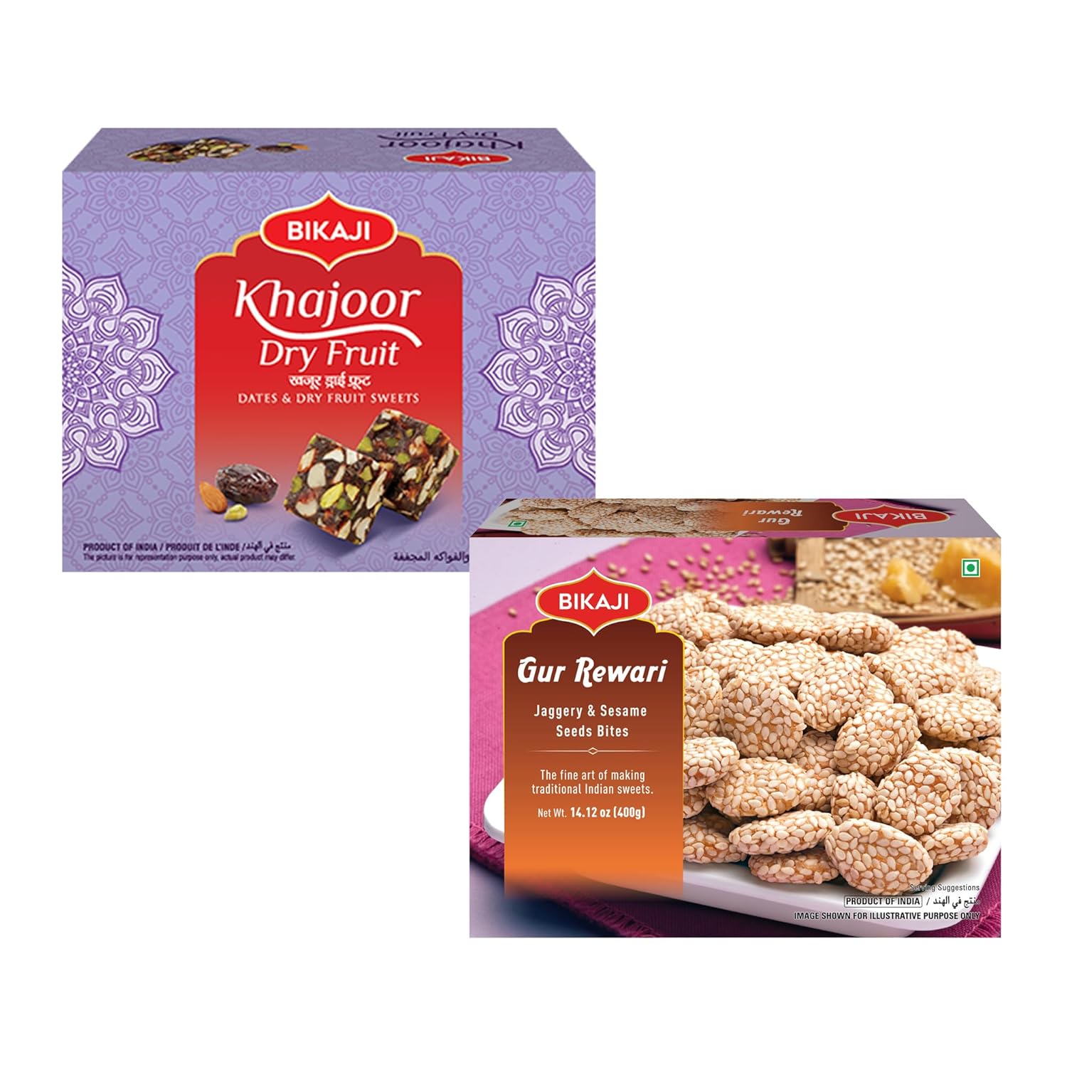 Bikaji Gur Rewari/Rewadi 400g & Khajur Dry Fruit Barfee 250g Combo|Traditional Indian Sweets Gift Pack|Crunchy Jaggery Rewari/Rewadi & Premium Khajur Dry Fruit Barfi |Festive Treat Box & Daily Delight
