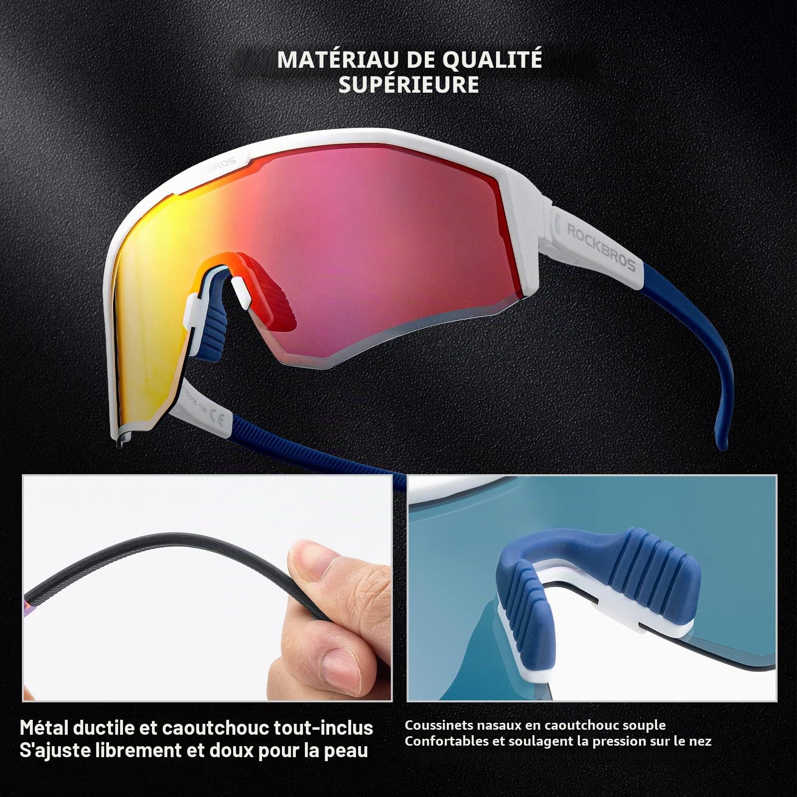 ROCKBROS Lunettes de Soleil Polarisées Cyclisme, Lunettes de Sport Homme Femme Protection UV400, Lunettes VTT Cyclisme Polarisées pour Vélo Pêche Conduite Golf Escalade