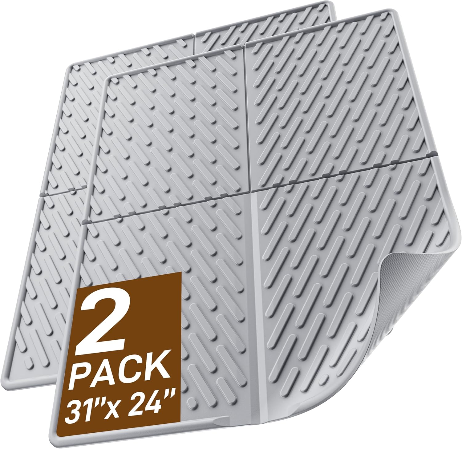 Cat Litter Mat with Grooves & Raised Edge, Urineproof/Waterproof, Litter Scattering Control, Easy to Clean (31 * 24in-Grey-2 Pack)