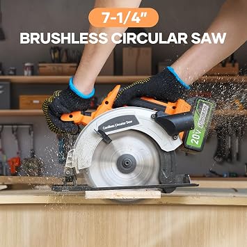20V 7-1/4-inch Cordless Circular Saw, 4.0Ah Battery Powered Brushless Motor, 45 Bevel Capacity, Max Cutting Depth 2-7/10-inch (90), 2-inch (45), Electric Circular Saw for Wood, Plastic Cutting