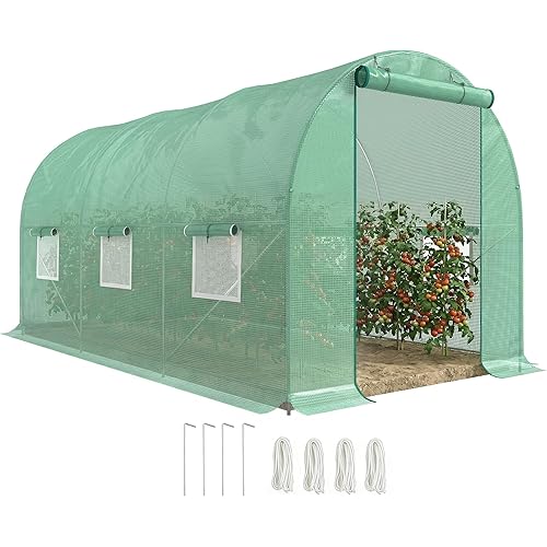 Outsunny 15' x 7' x 7' Walk-in Tunnel Greenhouse, Garden Green House with Roll-Up Door and Windows, PE Cover, Plant Growing House for Patio Backyard Garden, Green