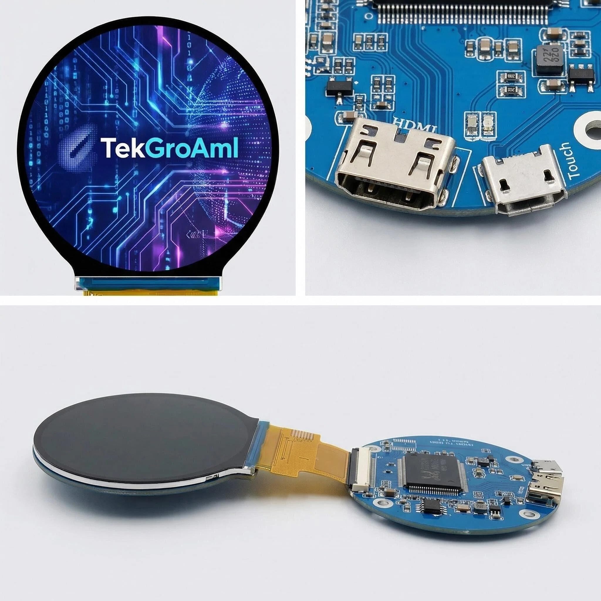 TekGroAml Mini okrągły ekran LCD IPS, okrągły ekran 2,1" 480 x 480 i karta kontrolna Micro HD