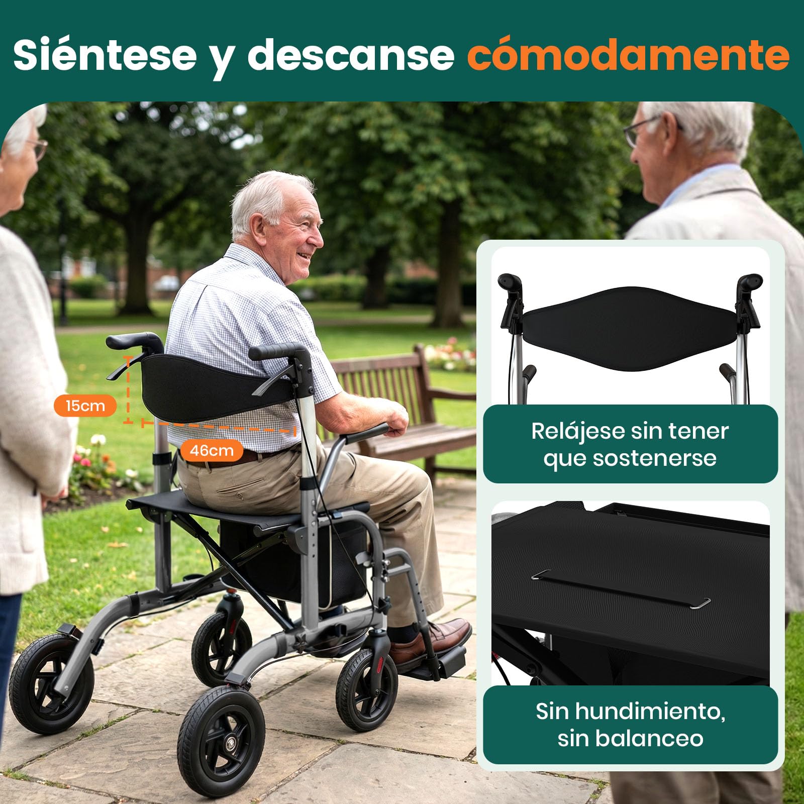 Andador con asiento, 2 en 1 de 4 ruedas y Silla de transporte, Soporta hasta 136 kg, Ruedas TPU de 8"" delanteras y 10"" traseras, Doble freno, Plegable, Altura ajustable, Bolsa almacenamiento, Gris