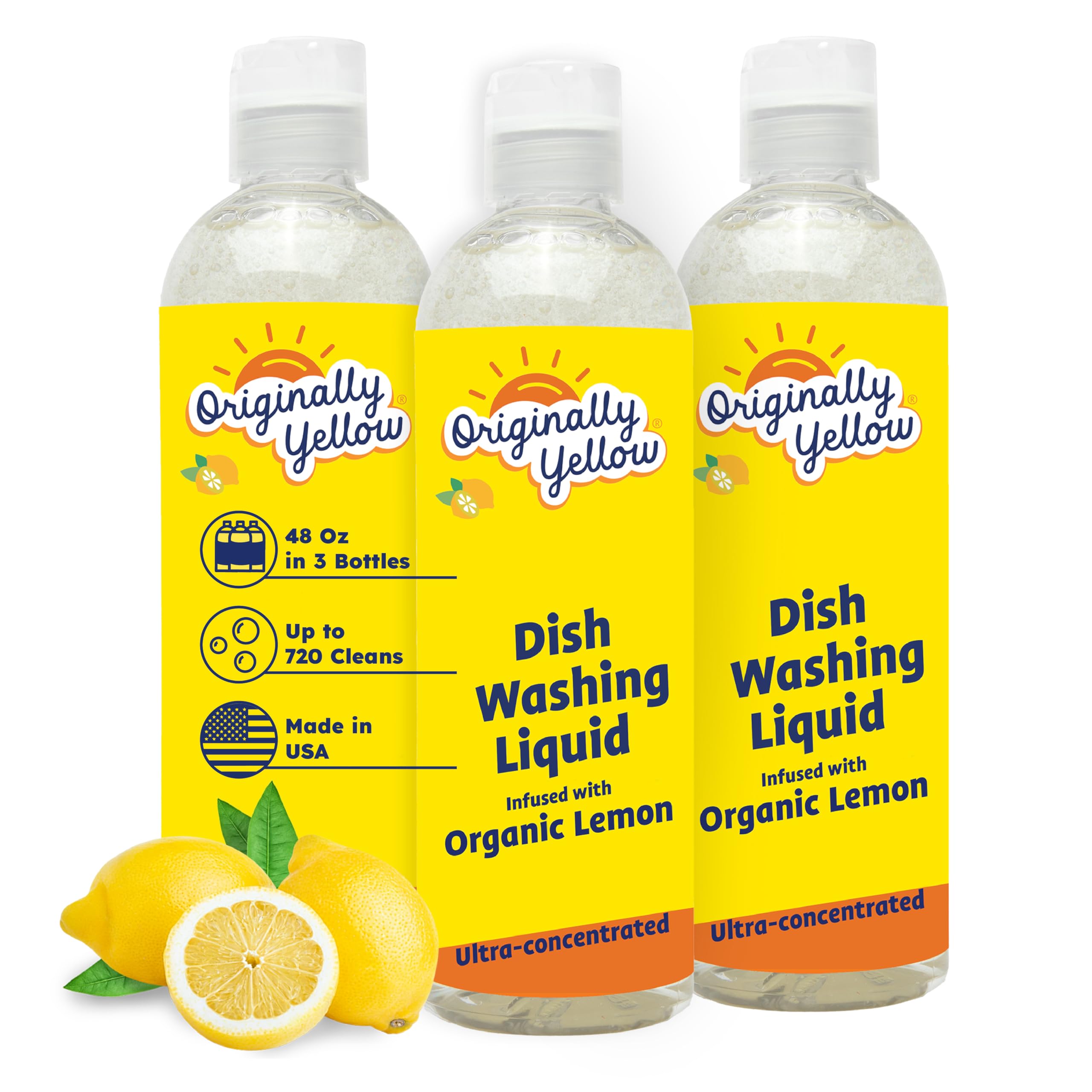 Originally Yellow USA Made Lemon Natural Dish Soap | Hypoallergenic Soap Great For Sensitive Skin as well as Pet & Baby Safe | Bulk 3 Pack
