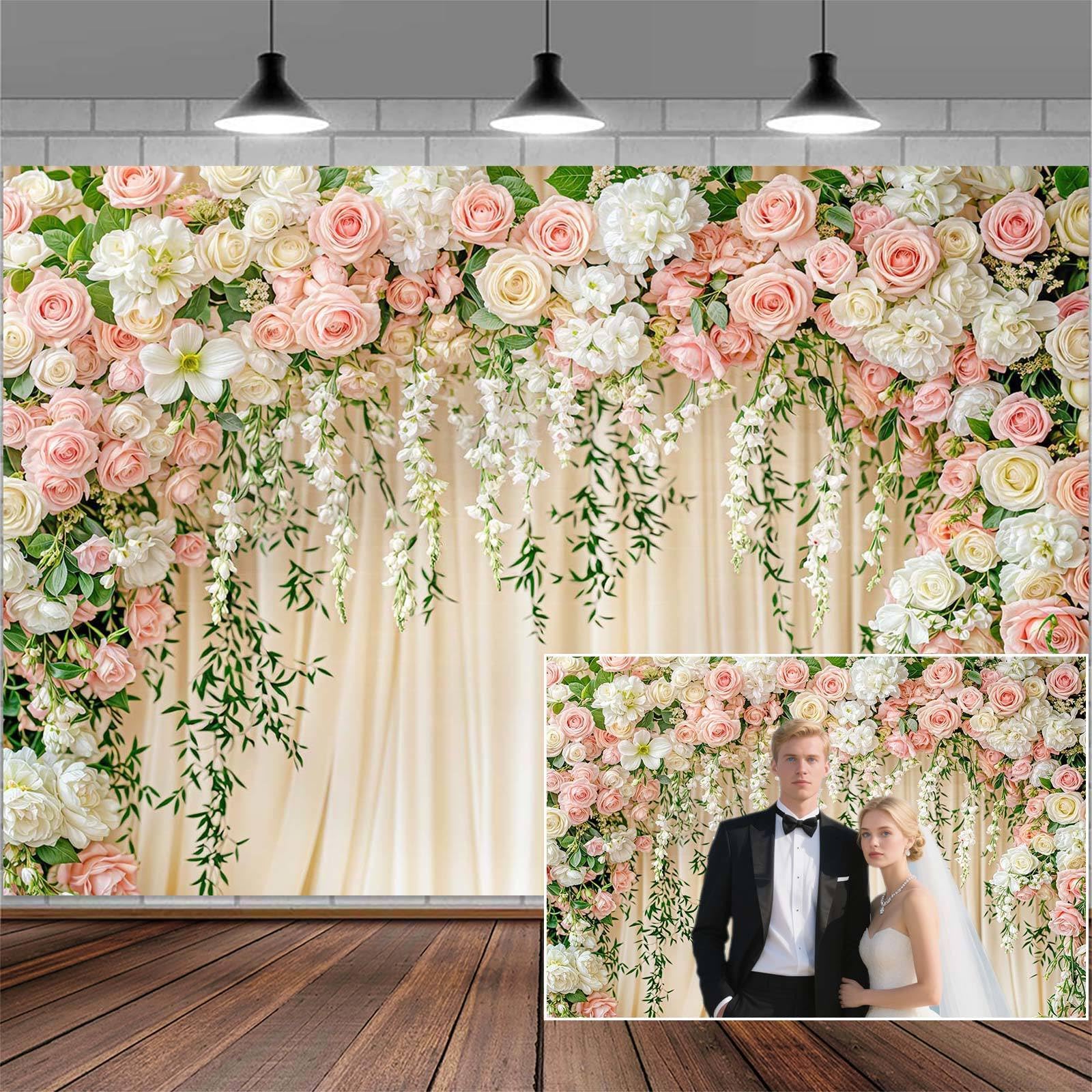 View 1 of 10X8FT Wedding Photography Backdrop Pink Flower Floral Bridal Backdrop Anniversary Ceremony Wall Background Flower Girl Birthday Party Decorations Baby Shower Banner Mother's Day Photo Booth Props