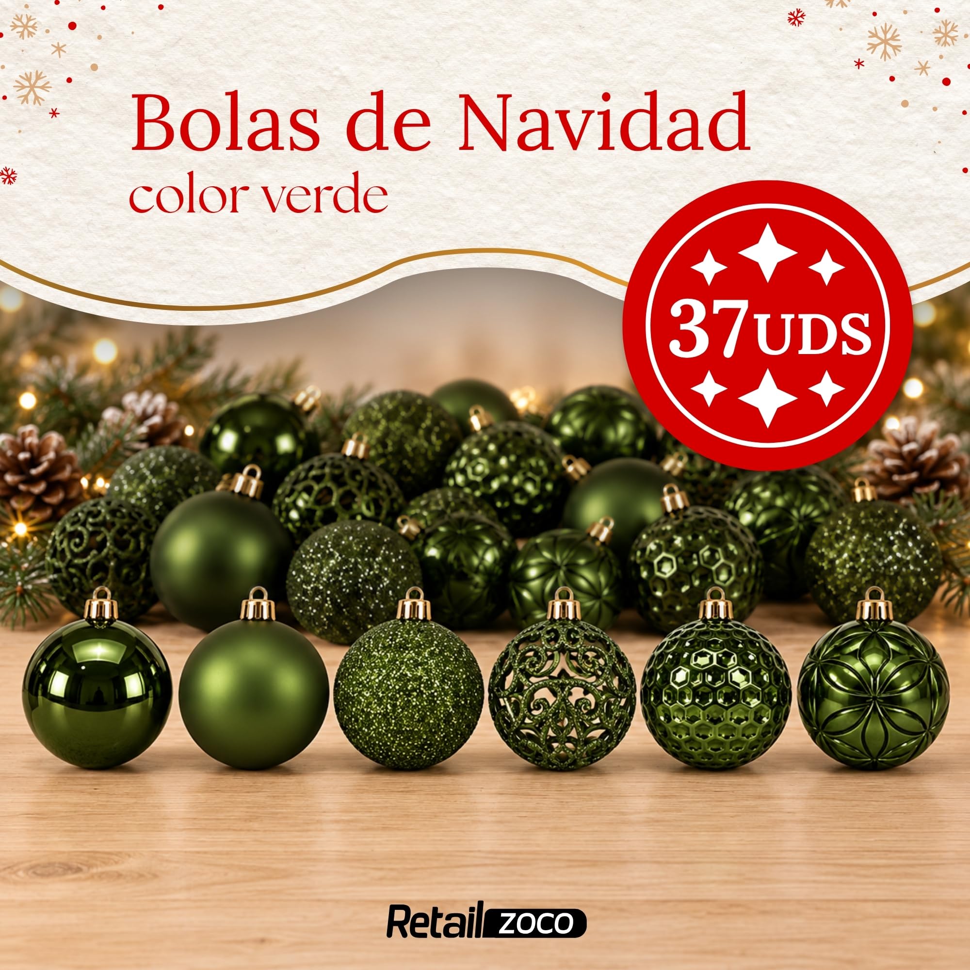 Bolas de Navidad, Adornos Arbol Navidad, 37 Piezas, Verde - imagen 2