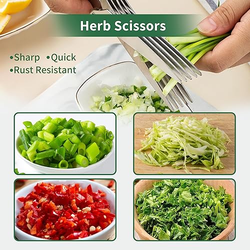 Miniatura 6 de Tijeras de hierbas, tijeras de 5 cuchillas, herramientas de corte de hierbas de acero inoxidable, tijeras multiusos de cocina con cubierta de