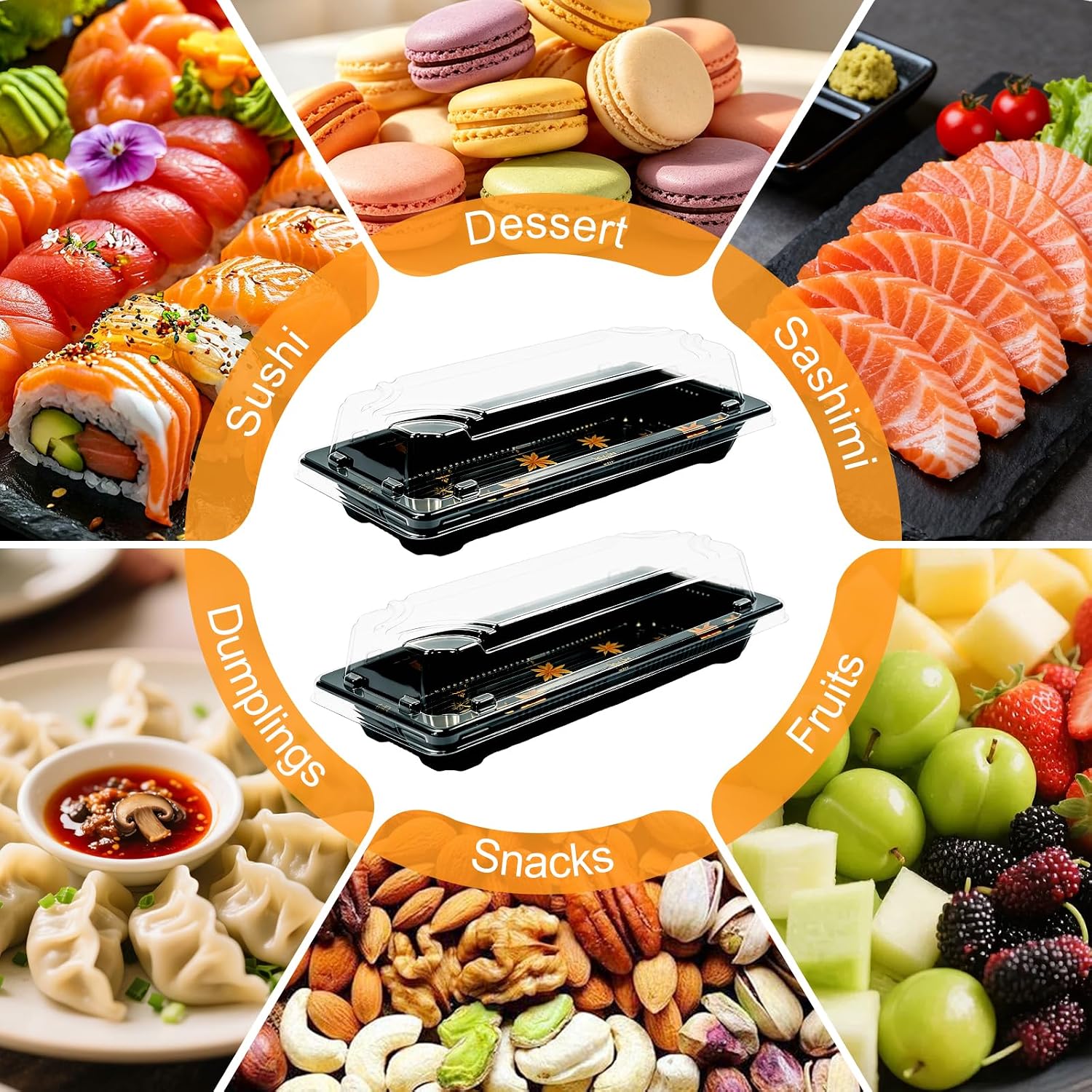 50 Pack Sushi Tray Containers with Clear Lids Plastic Take Out Box