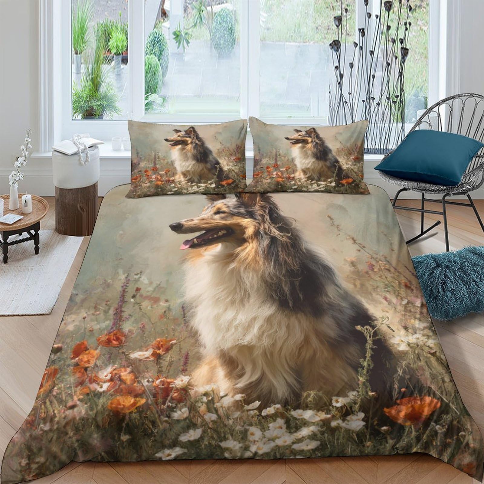 Ctjqhvkz Style-1 3D Printed Collie Dog Fitted Sheet Microfiber Soft Anti-Slip Wildflower Bed Cover For Bedroom Guest Room Decor Single（135X200cm）
