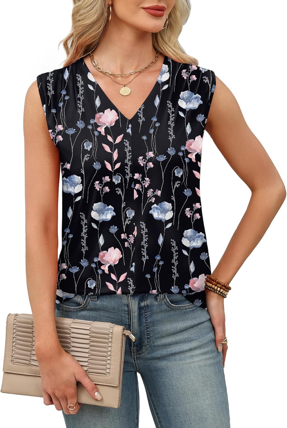 Womens Tank Tops Loose Fit Casual Fashion Summer Soft Pleated V Neck Sleeveless Blouses image 3