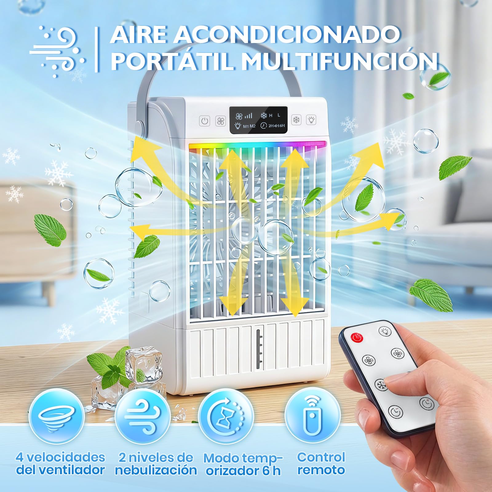 JONRRYIN Aire Acondicionado Portátil Mini, Enfriador de Aire USB 4 en 1 con Tanque 1500ml, 4 Velocidades, 2 Modos de Nebulización, Temporizador, Luz RGB, Climatizador Pequeño para Dormitorio Oficina