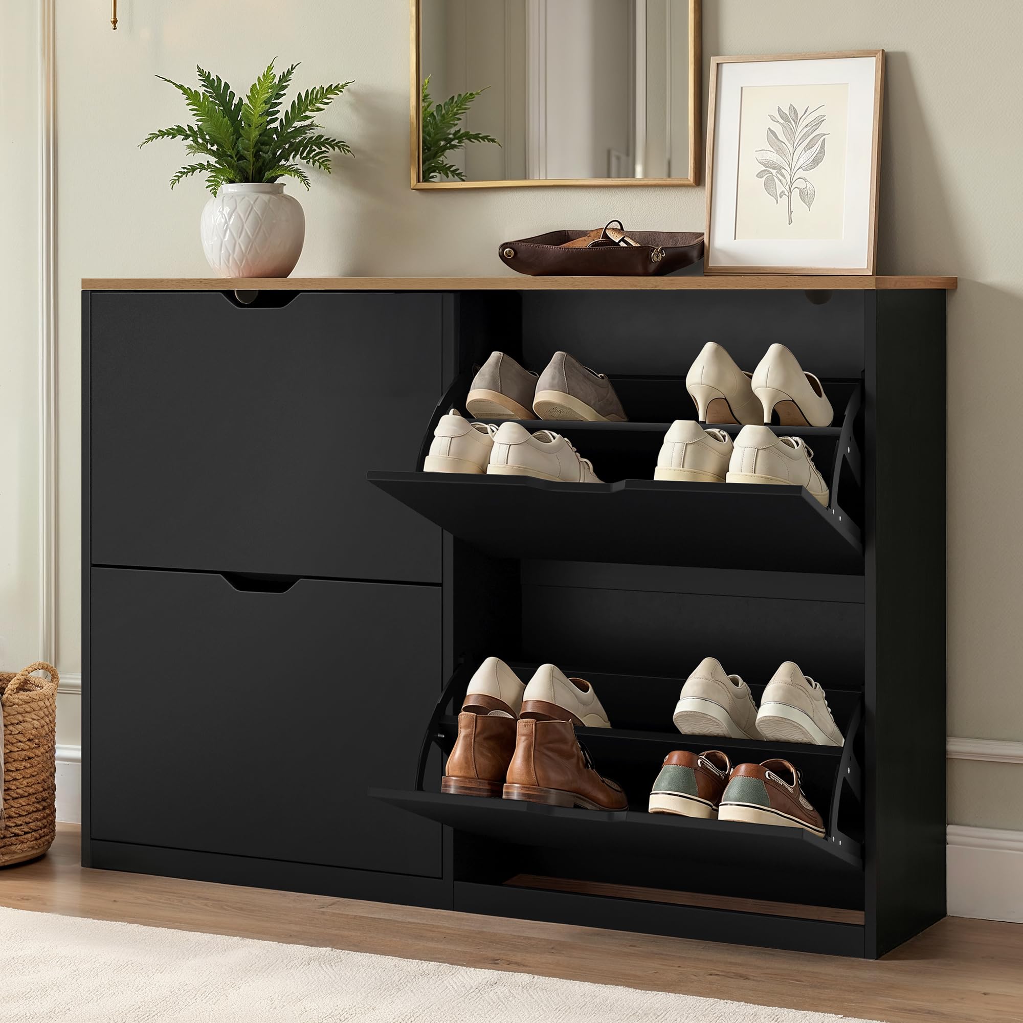 LUE BONA Schuhschrank mit 4 Flip-Klappen,Schuhschrank Schmal 23 cm Tiefe,Schuhkipper Geschlossen mit Verstellbaren Trennwänden für Flur,Eingangsbereich,16 Paar Schuhe,110 x 23 x 80,Schwarz+Naturholz Küche, Haushalt & Wohnen
