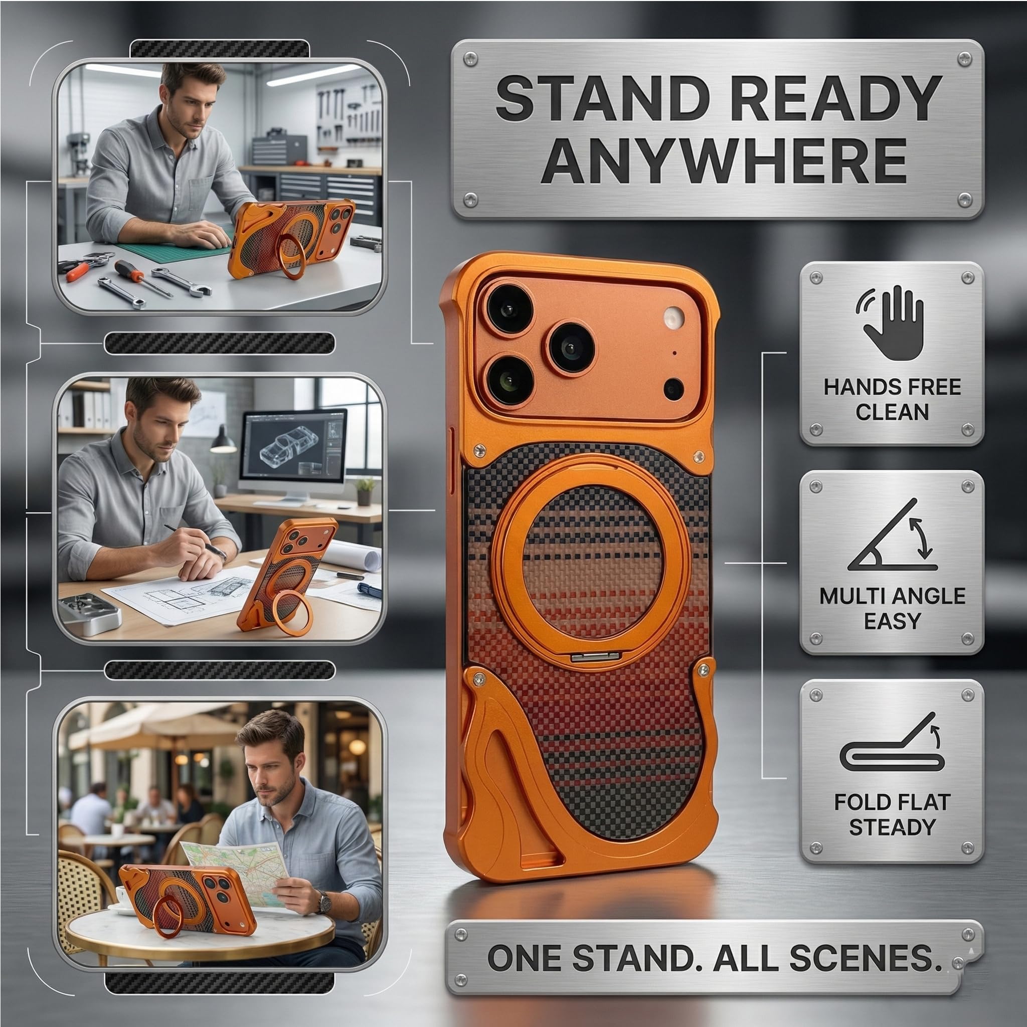 Funda de Aluminio sin Marco para iPhone 17 Pro, Anillo Magnético y Soporte Giratorio de 360°, Textura Estilo Fibra de Carbono, Perfil Ultradelgado, Compatible con Magsafe, Desierto