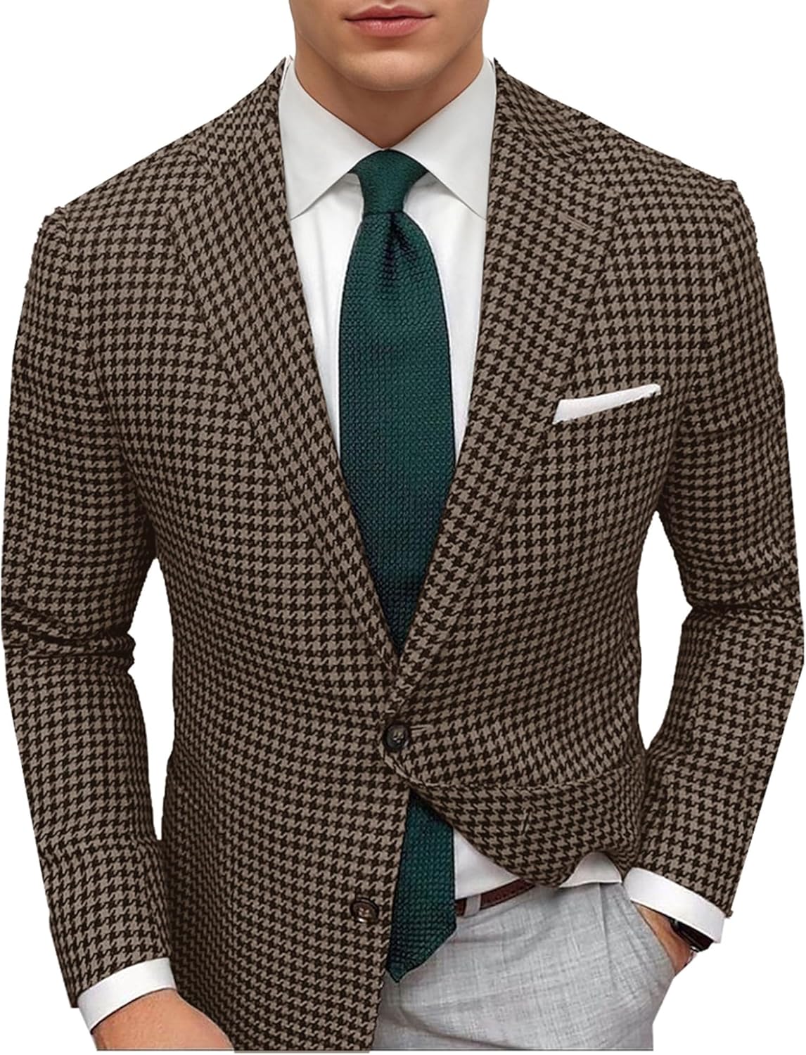 Men's Houndstooth Blazer Notch Lapel Single Breasted Slim Fit Business Suit Jacket Holiday Dinner Christmas Party