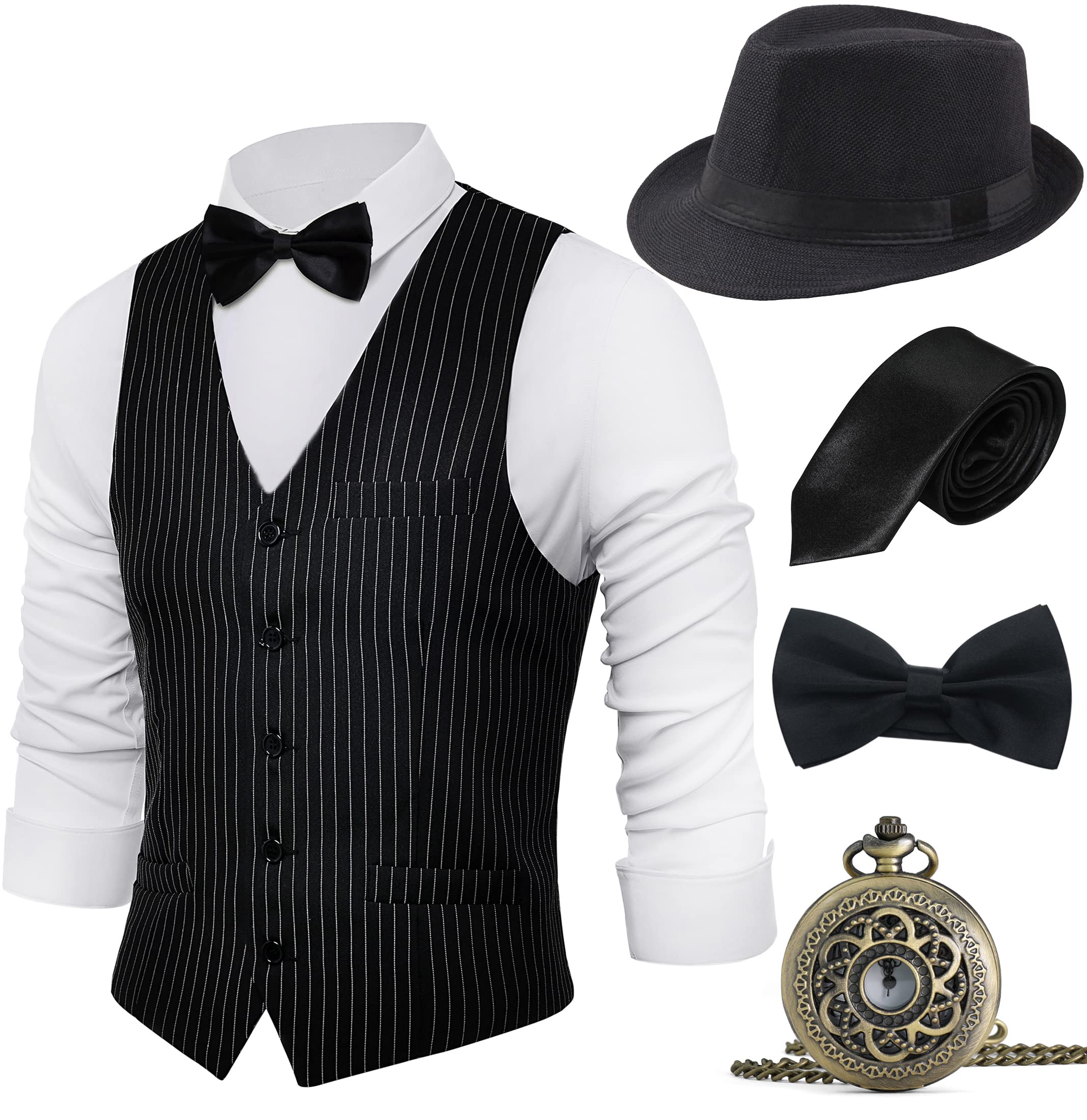 BABEYOND 1920s Mens Gatsby Gangster Vest Costume Accessories Set Fedora Hat