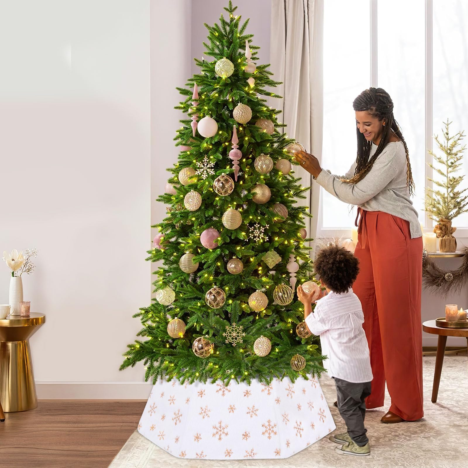 Base Albero di Natale, Ø80cm Paillettes Peluche Finta Pelliccia Albero di Natale Gonna Pieghevole Supporto per Giardini Interni ed Esterni