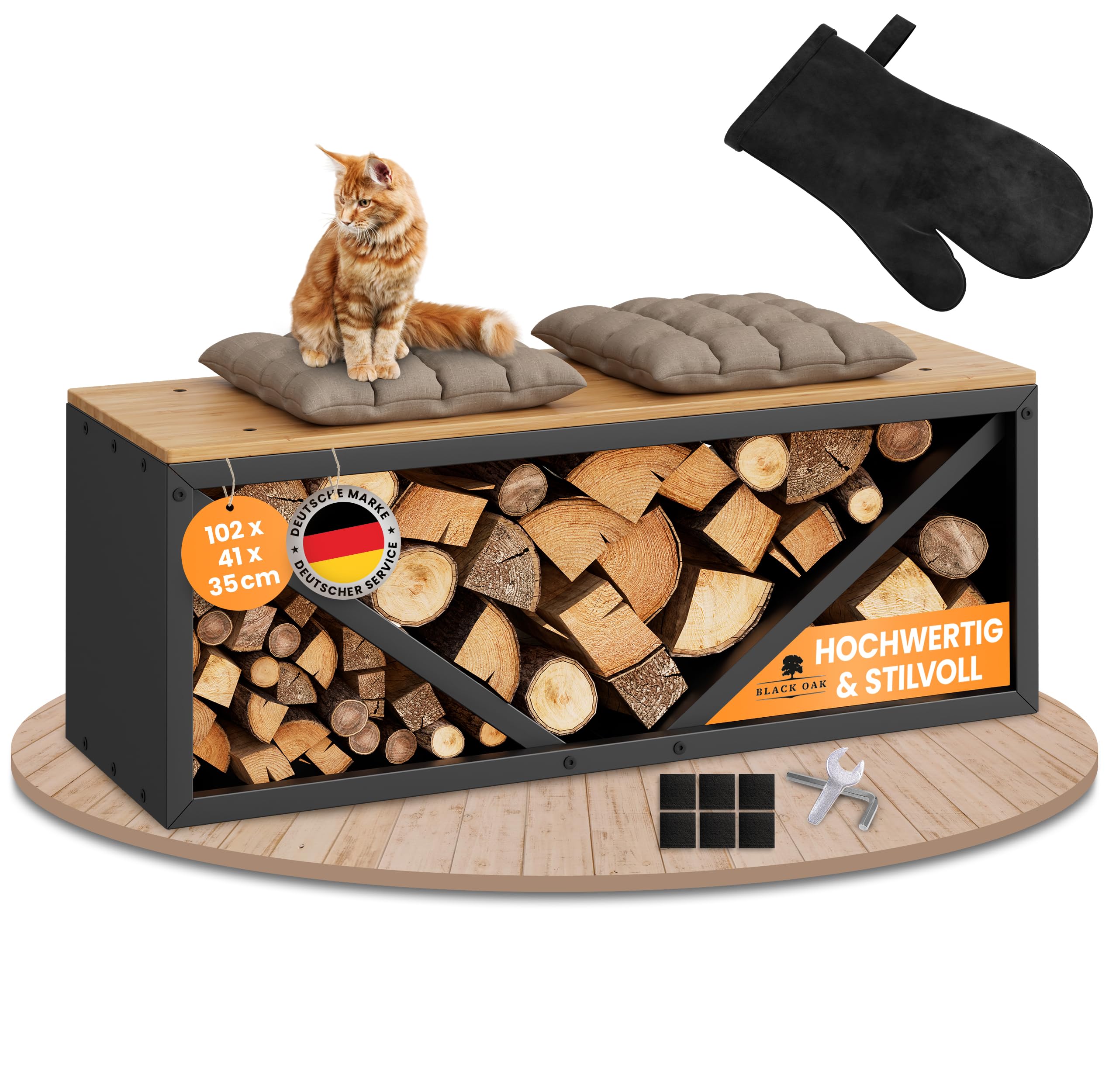 BLACK OAK Étagère pour bois de cheminée OHIO avec gant en cuir - 102 x 41 x 35 cm - Banc pour bois de chauffage - Noir - Moderne et robuste - Acier + bois - Métal thermolaqué - Banc de bois de